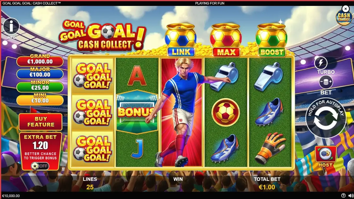 Tampilan visual stadion dan simbol sepak bola dalam slot Goal Goal Goal: Cash Collect